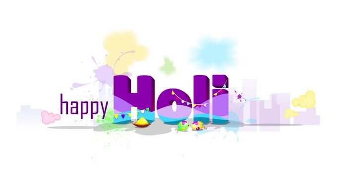 Happy Holi festival. Moving Banner with cityscape and dancing people on lettering for celebrating traditional Indian festival of colors. Design for social media. Watercolor graphic animated cartoon