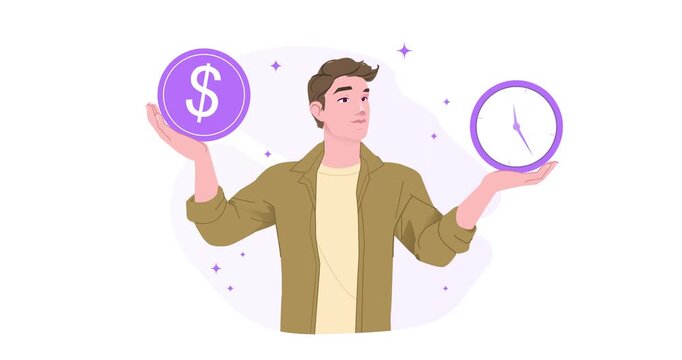 Remote Work. Moving banner with male freelancer holding watch and coin as symbol of work life balance and decent pay. Time management and planning. Flat graphic animated cartoon