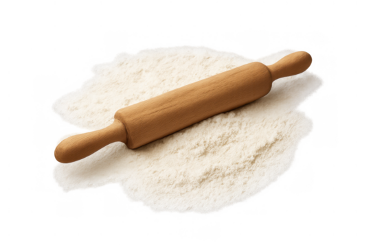 Wooden rolling pin on a heap of white flour, ready for making dough, perfect for baking and cooking concepts