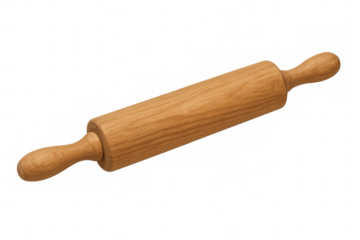 Wooden rolling pin for baking and cookie dough preparation, kitchen utensil for cooking, transparent background