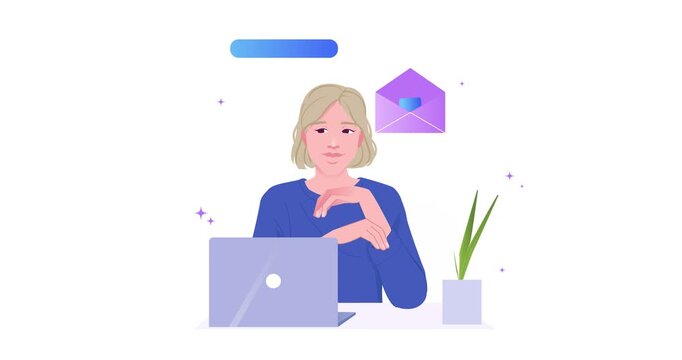 Web development process. Moving banner with female programmer listening to client voicemail and planning work tasks. Web designer creating user interface for website. Flat graphic animated cartoon