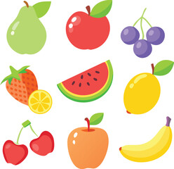 Colorful illustration of various fruits including a pear, apple, grapes, strawberry, lemon, watermelon, mango, cherries, peach, and banana. Bright and playful.