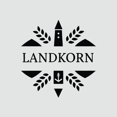 Stylized logo on a light gray background featuring the word "LANDKORN" in bold. Above, a tower with wheat motifs  below, an anchor symbol flanked by wheat. © Rizky