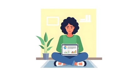 Young woman working on laptop with charts on screen, seated cross-legged indoors