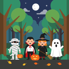 Group of Children in Halloween Costumes: Mummy, Vampire, Witch, Ghost, Trick-or-Treating at Night in a Spooky Forest with Full Moon - Flat Vector I...
