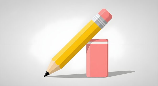 Illustration of a Yellow Pencil with an Eraser Standing Next to a Pink Eraser, Representing Writing, Editing, and Creativity.