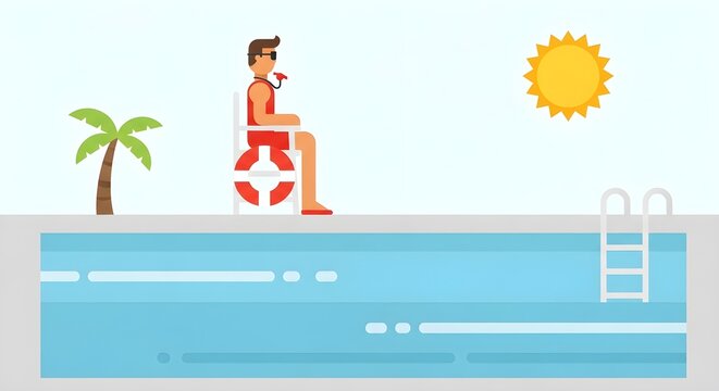 Cartoon lifeguard sitting by the pool under the sun, safety and summer recreation concept vector illustration. - Powered by Adobe