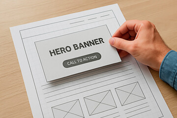Hero Banner concept: Website layout design with a hand placing hero banner for website advertising and promotional marketing.