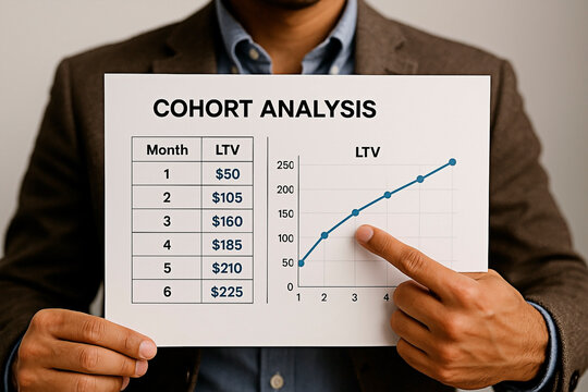 Business professional presenting cohort analysis for the concept of data and analytics.