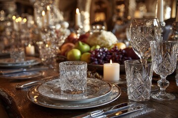 Elegant Dinner Table Set with Crystal Glassware and Fresh Fruits
