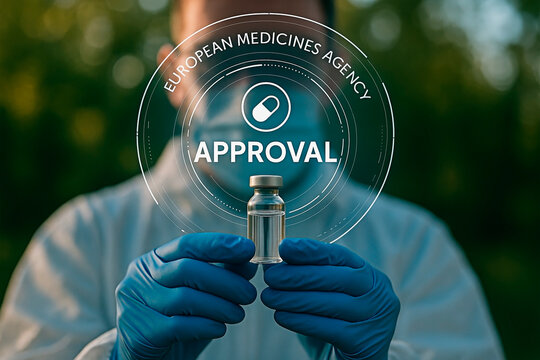 Medical professional holding vaccine bottle with an approval hologram for the concept of health and vaccination.