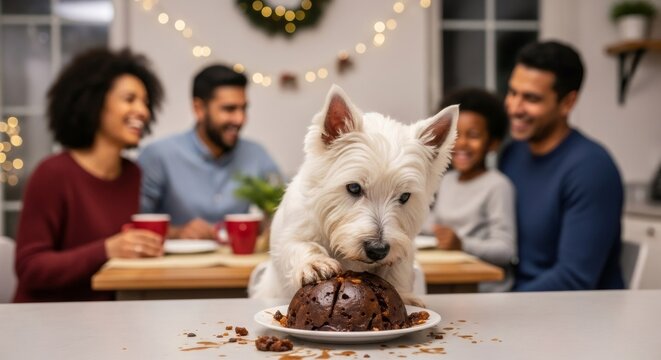 White westie dog eating Christmas pudding on dining table with family. Holiday family pet mischief for Christmas card, New Year celebration.