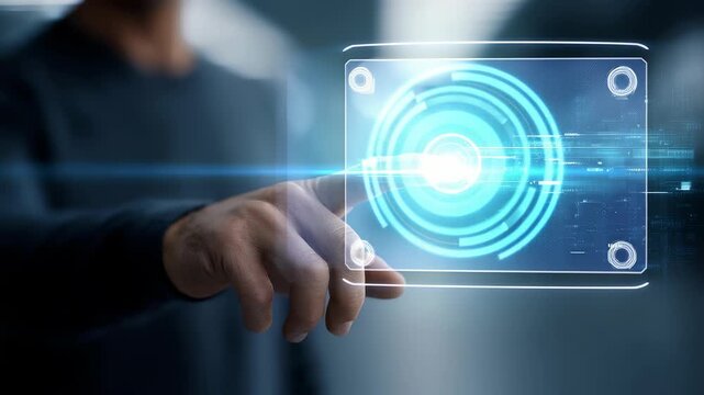A close up of a hand reaching out to touch a holographic interface, symbolizing digital transformation and advanced user experience. The image conveys progress and cutting edge solutions
