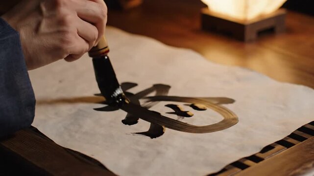 Art of Calligraphy: Hand writing traditional script with ink brush on textured paper