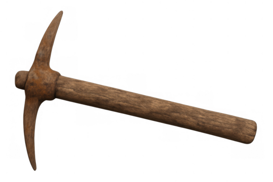 Rusty pickaxe tool for mining, construction, and digging operations, showing an old wooden handle and metal head with transparent background