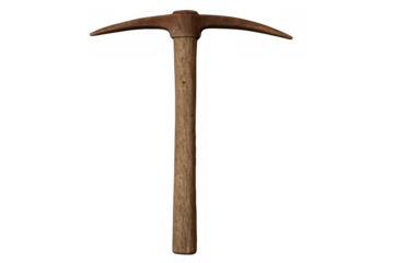 Pickaxe with wooden handle and metal head on transparent background, symbolizing mining, hard work, success, and effort