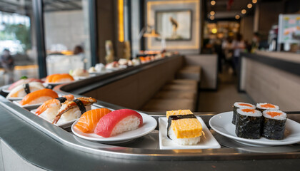 conveyor belt sushi in Japanese restaurant