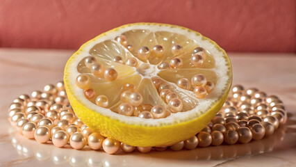 a cut lemon with pearls around it