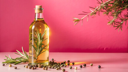 tall transparent glass bottle with golden olive oil on a pink background
