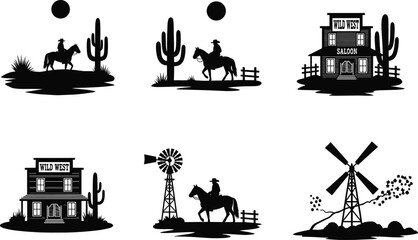 Wild West cowboy silhouette vector, desert landscape with cactus and horses, vintage western saloon, windmill farm, Texas cowboy scene illustration © Samol