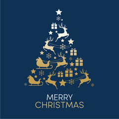 Christmas tree made of reindeer, sleighs, gifts, stars, and snowflakes.