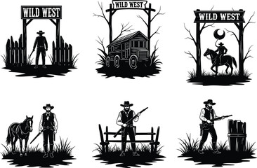 Fototapeta premium Wild West cowboy vector illustration set with gunslinger, horse, wagon, sheriff, and western landscape for vintage design, retro poster, and western art