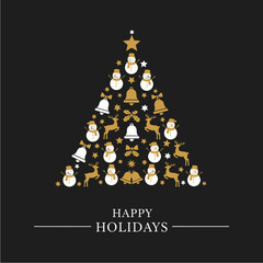 Elegant holiday greeting card featuring a Christmas tree made from festive gold and white ornaments on a dark background.