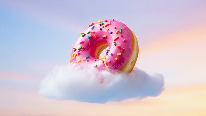 a big pink donut on a cloud