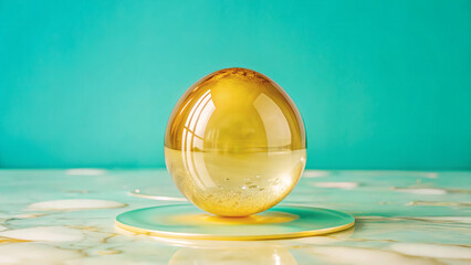 a clear glass egg resting on marble