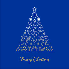 Christmas tree made of festive icons on a blue background.