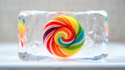 a multi-colored round lollipop in a piece of ice