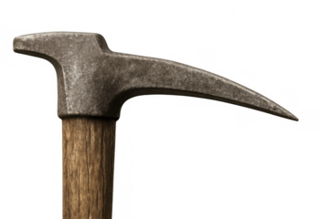 Pickaxe head with wooden handle, an old mining tool for excavation and heavy labor, transparent background