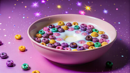 a rose bowl of milk with floating multi-colored cereal