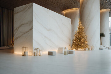 elegant holiday decor, elegant winter interior adorned with christmas tree, golden baubles, fairy lights, marble textures, and cinematic lighting