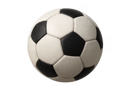 Soccer ball with black and white panels depicting classic team sport equipment, professional championship game element