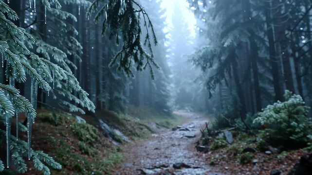 Misty winter forest path lined with snow-covered trees and dangling icicles, a serene trail winding through blue-tinted fog and evergreen foliage under overcast skies