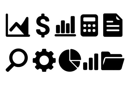 Business and finance solid icon set. Essential office and analytics icons solid collection