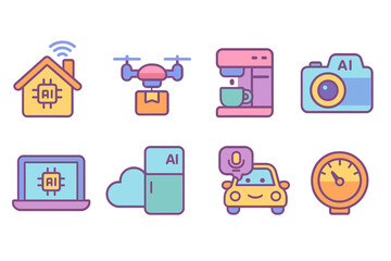 Smart home technology icon set. Ai and automation flat icons collection.