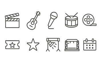Entertainment and event line icon set. Film, music, and concert icons collection.