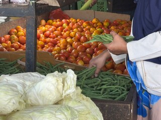 Vibrant outdoor market scene with a shopper selecting fresh green beans amidst abundant ripe
