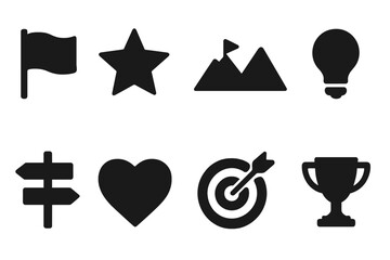 Minimalist solid icon set featuring travel, direction, and achievement symbols