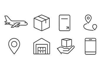 Delivery and logistics outline icon set. Shipping, tracking, package handling symbols