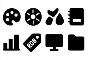 Graphic design solid icon set. Designer tools, palette, rgb, monitor icon collection