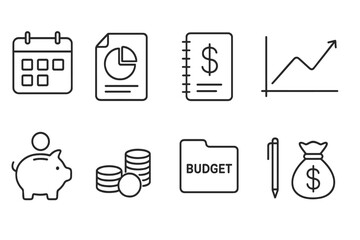 Finance and budget planning outline icon set. Money, savings, chart icons collection