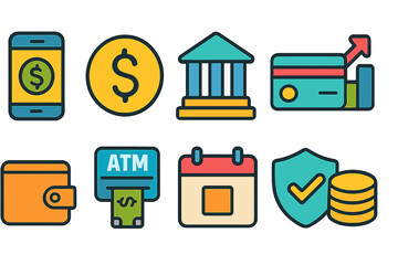 Finance and banking flat icon set. Money, transaction, and security symbols collection