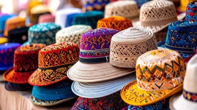 Colorful Hats Displayed at Market - A Vibrant Collection of Headwear.