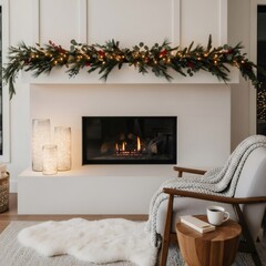 Naklejka premium Garland with pine branches, berries, and string lights adorns a cozy Christmas fireplace for festive holiday decor.