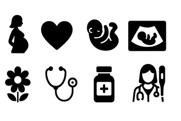 Pregnancy and healthcare solid icon set. Maternity, medical icons solid collection