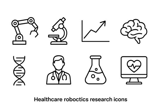 Healthcare robotics research icon set. Biotechnology, medicine, laboratory icons outline.