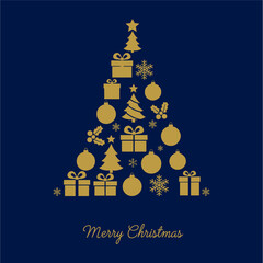 Christmas tree illustration with gifts, ornaments, snowflakes, and a star on a dark blue background.